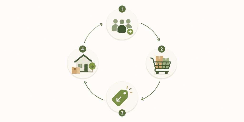 Diagramme circulaire des achats regroupés en quatre étapes : on se regroupe, on achète ensemble, on paie moins, on reçoit plus près.