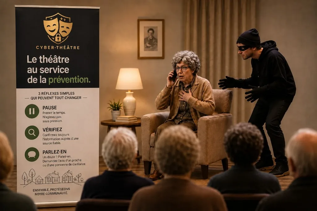 Public au premier plan devant une scène de Cyber-Théâtre : une aînée au téléphone dans un fauteuil, une figure masquée derrière elle, et la banderole des trois réflexes.