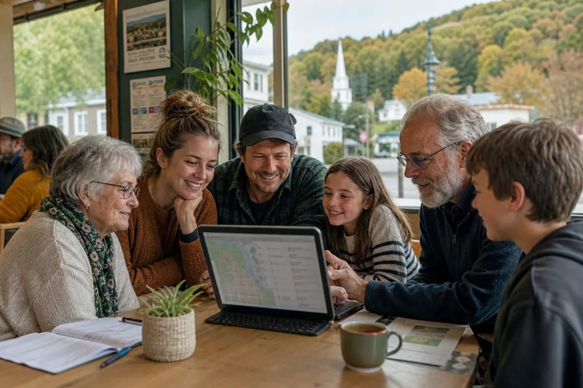 Voisins de plusieurs générations regroupés autour d’un ordinateur portable qui affiche une carte locale, dans un café avec vue sur le village.